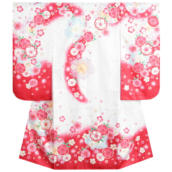 七五三 着物 7歳 女の子 白ピンク赤染め分け着物 桜 牡丹 流れぼかし 地紋生地|お宮参りと七五三の京美(KYOUBI)