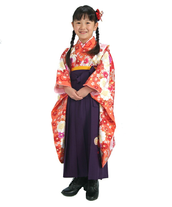 幼稚園　保育園　卒園袴着物４点セット　マユミブランド　キッズサイズ　濃淡赤色　紫色刺繍袴　ピンク黄色両面帯
