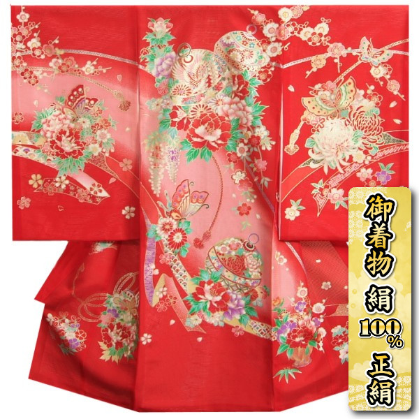 お宮参り 着物 夏用 女の子 正絹 赤色 鈴 蝶 牡丹菊 絽生地｜お宮参りと七五三の京美（KYOUBI）