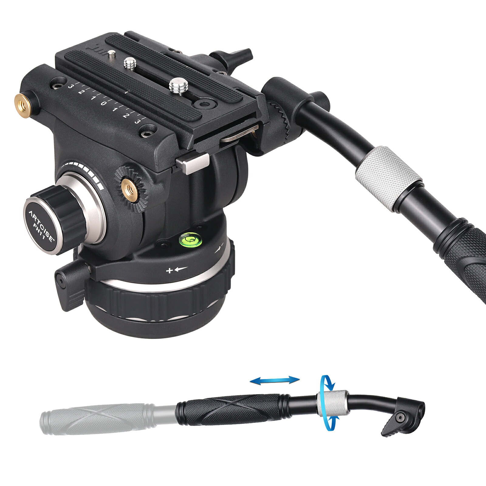 ARTCISE フルード ビデオ雲台 ダンピング調整可能 アルミ合金三脚用流体雲台 ハンドル三脚ヘッド DSLR/デジタル/一眼レフ/カメラビデオ用三脚雲台 最大荷重12キロ 28*18*13.5　1.66kg