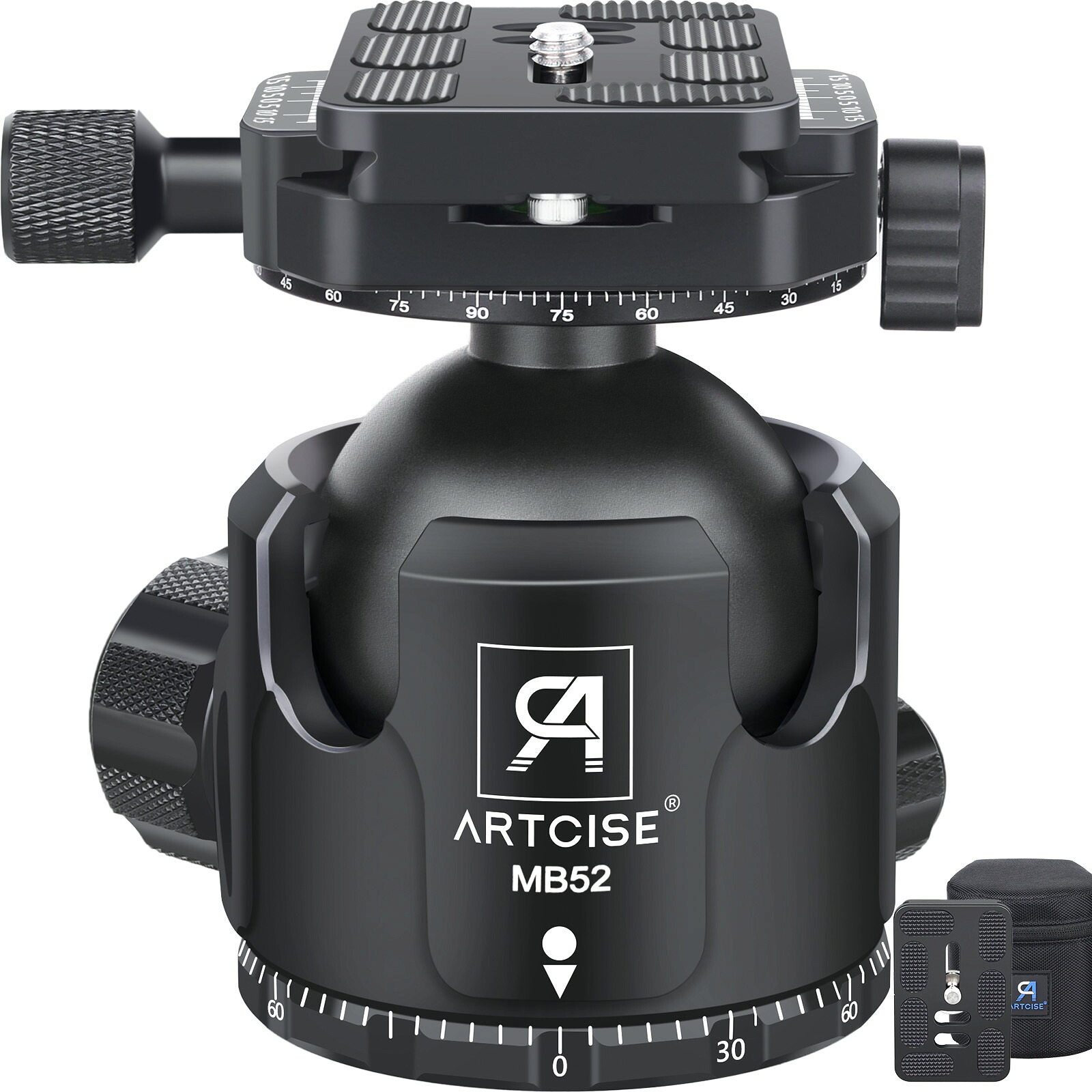 ARTCISE 52mm 低重心 ボール雲台 CNC精密加工 アルミ 360度回転 ダブルパノラマパン 三脚ヘッド アルカスイス互換 クイックシュー 自由雲台 一眼レフ DSLR ビデオカメラ用 最大耐荷重 30キロ 三脚ボールヘッド カメラ 360度回転 軽量コンパクト クイックリリース パンニング