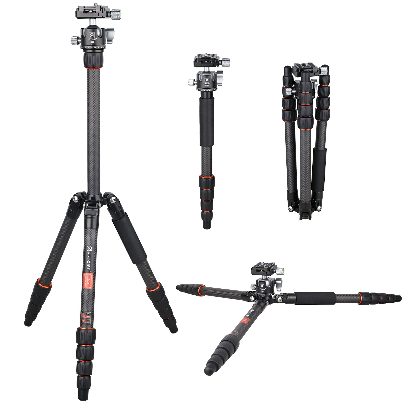 ARTCISE 22mm 管経ミニカーボン 三脚&28mmボール低重心雲台キット 外接式中心軸 軽量 持ち運びに便利 カメラ 卓上 三脚 CNCアルカスイス三脚ヘッド DSLR/一眼レフ/ミラーレス など対応 収納バック付き 旅行用 耐荷重10キロ 多機能の一脚可変式カーボン三脚