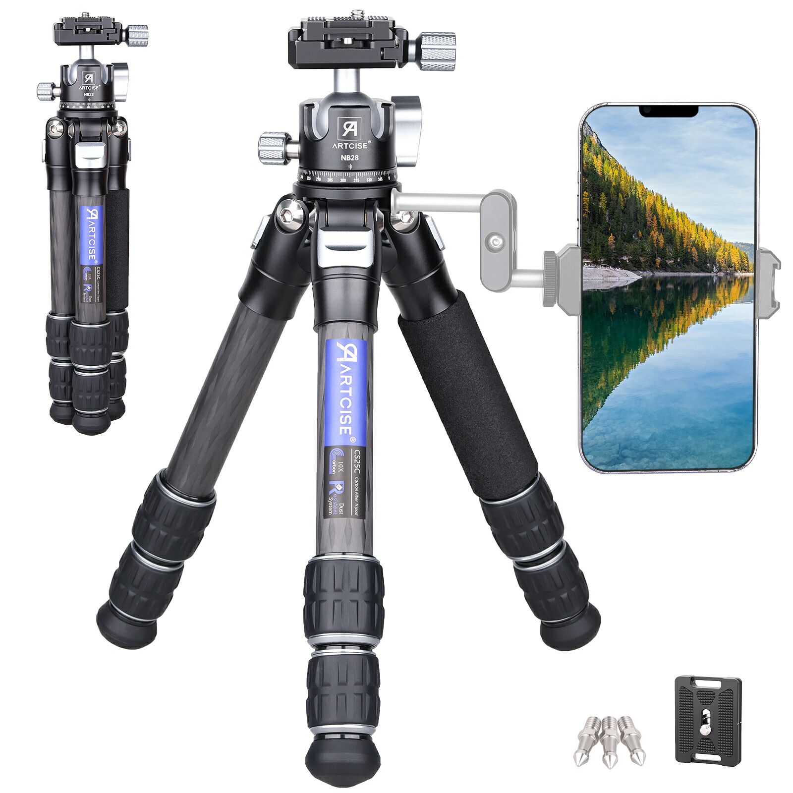 ARTCISE 22.5mm 管経ミニカーボン 三脚&28mmボール低重心雲台キット 軽量 持ち運びに便利 カメラ 卓上 三脚 CNCアルカスイス三脚ヘッド DSLR/一眼レフ/ミラーレス など対応 収納バック付き 旅行用 耐荷重10キロ 36*12*12 1.4kg