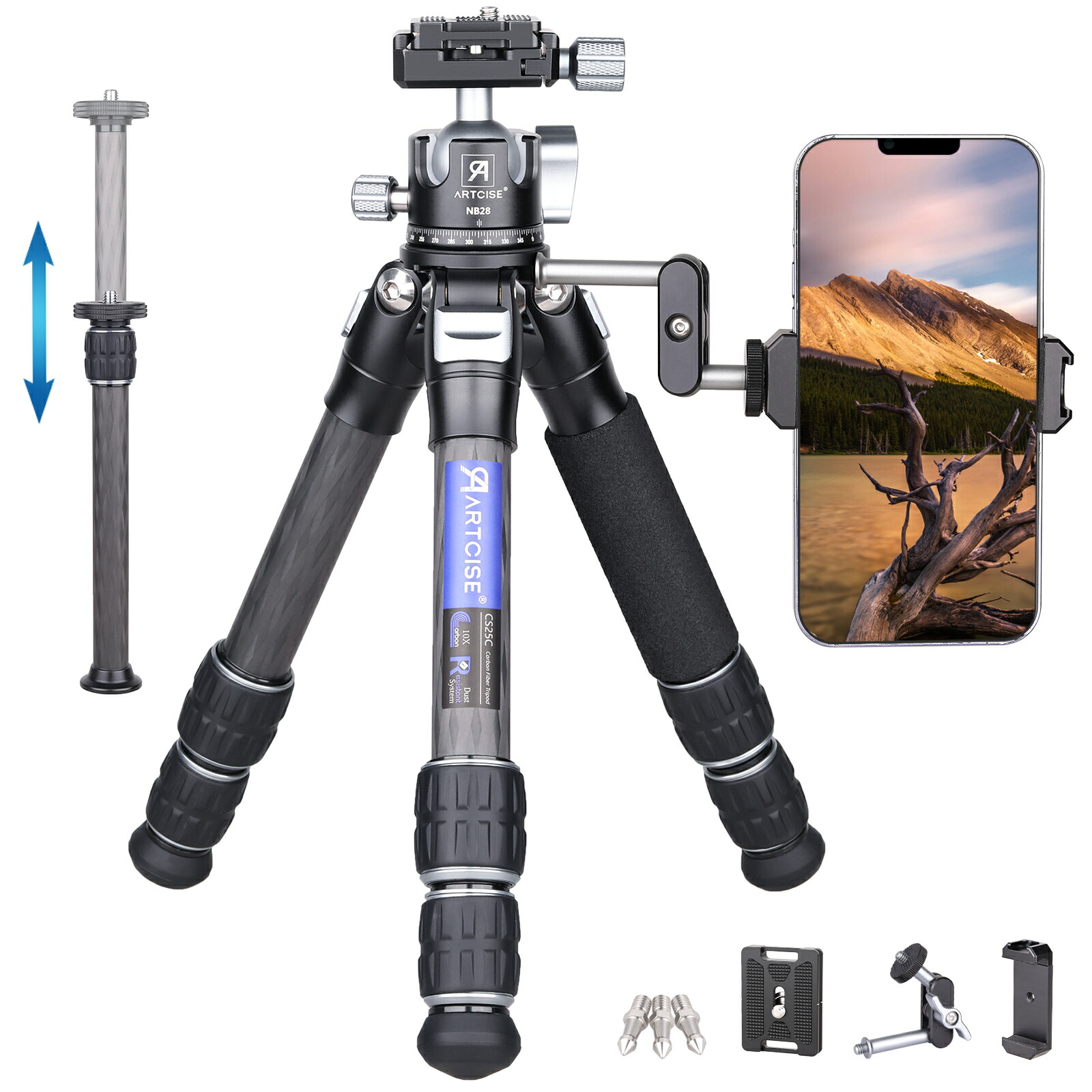 ARTCISE 22.5mm 管経ミニカーボン 三脚&28mmボール低重心雲台キット 外接式中心軸 マジックアーム スマホクリップ付き 軽量 持ち運びに便利 カメラ 卓上 三脚 CNCアルカスイス三脚ヘッド DSLR/一眼レフ/ミラーレス など対応 収納バック付き 旅行用 耐荷重10キロ 36*12*12