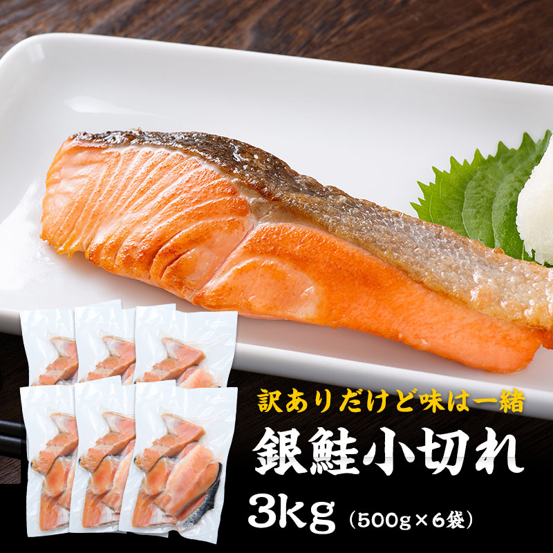 送料無料 訳あり 銀鮭 小切れ 3kg (500g×6袋) 鮭 生鮭 サケ サーモン 切り身 切身 切り落とし カマ はらす ハラス 業務用 冷凍 食品 詰め合わせ 塩引き鮭 食品ロス 共栄水産