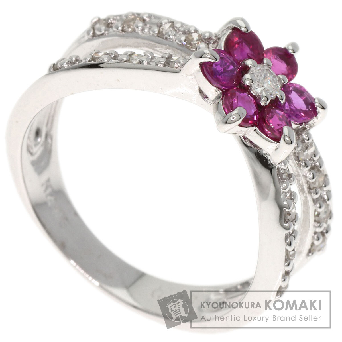 0.22ct フラワー ダイヤモンド ルビー リング・指輪 K14ホワイトゴールド 3.2g レディース 【中古】