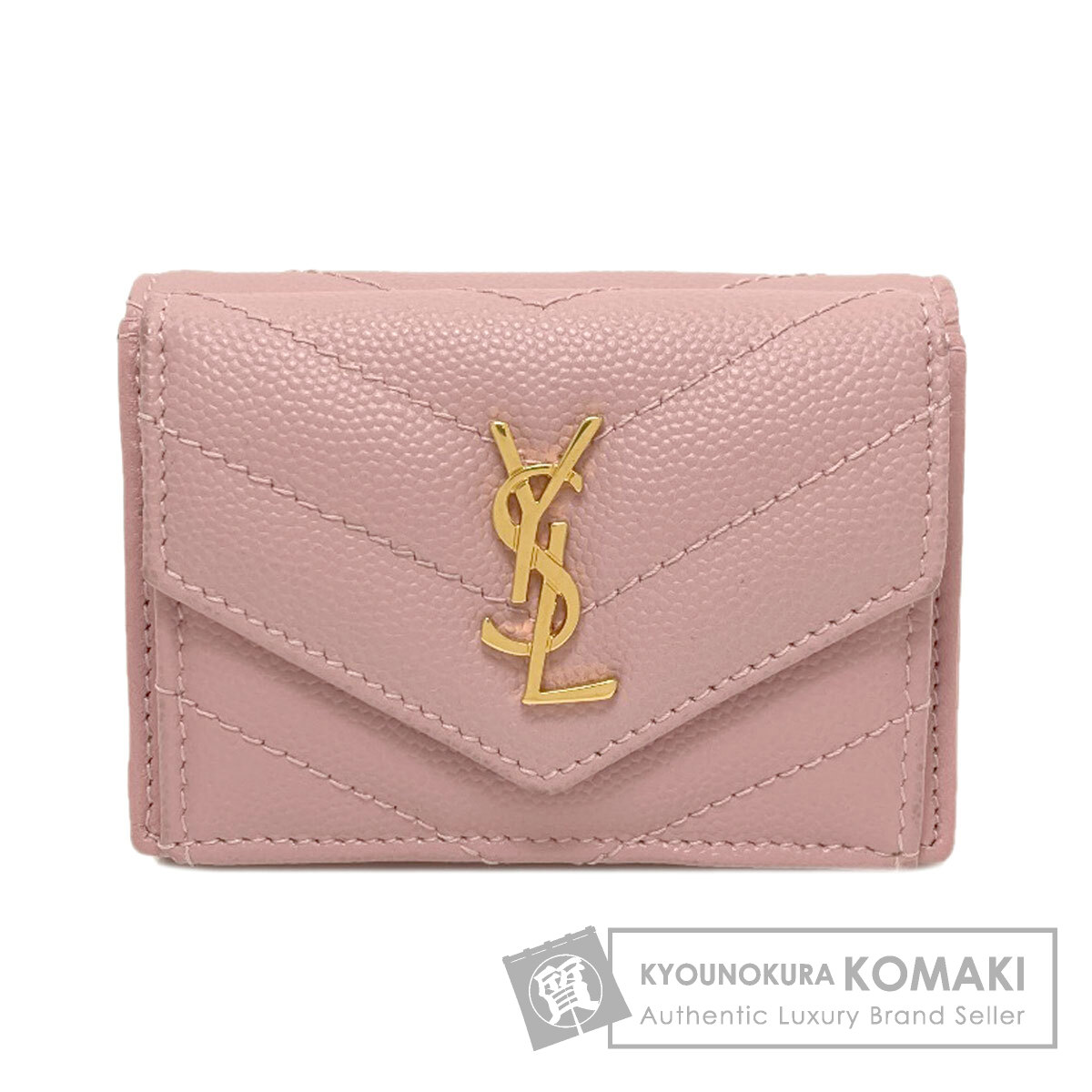 イヴ・サンローラン V編み目 コンパクトウォレット 二つ折り紙入れ（御釣り入れあり） 子ウシ レディース 【中古】【YVES SAINT LAURENT】