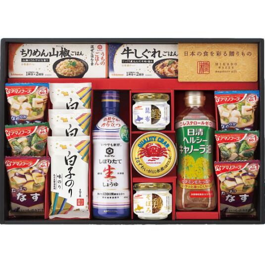 〇　お中元　味香門和膳（みかどわぜん）アマノフーズ＆キッコーマン和食詰合せ (ＭＫＤ－５０N)<br>ごはんのお供やおかずとして大活躍の人気アイテムを揃えたもらって嬉しいギフトです。<br><br>【調味料ギフト 調味料詰合せ オイル 健康油 フリーズドライ インスタント】