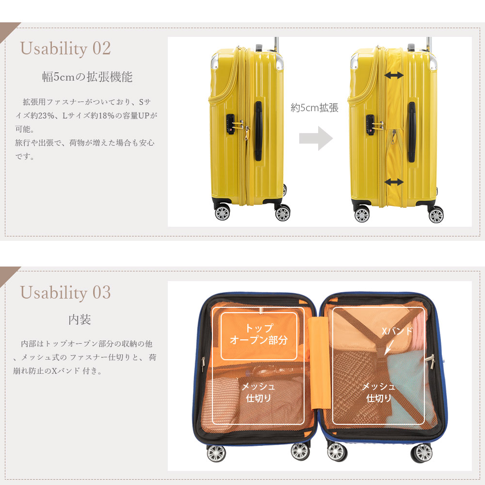 【楽天市場】スーツケース 機内持込 キャリーケース 拡張 キャビンサイズ小型 Sサイズ トップオープン モーメント TSAロック 軽量 トラ