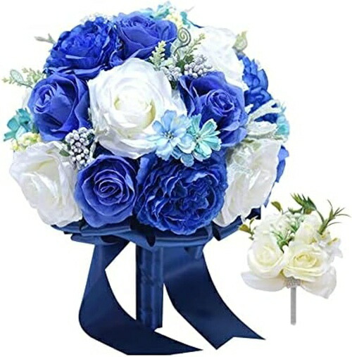 ウエディングブーケ ブートニア 花嫁ブーケ バラ ブライダルブーケ ラウンドブーケ 花束 造花 欧米風 挙式 結婚式 パーティー ニ次会 撮影 ホワイト (ブルー&ホワイト＋ブートニア)