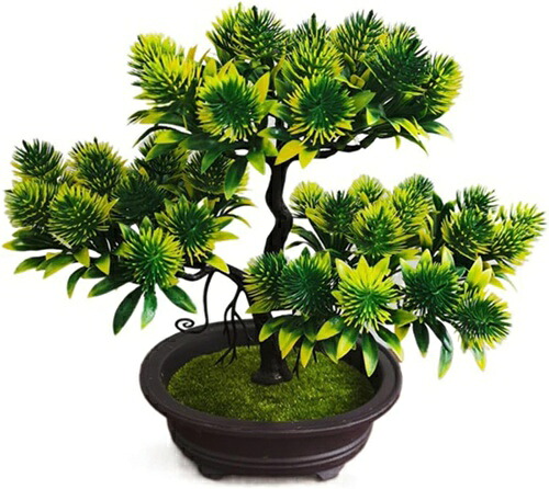 フェイクグリーン 観葉植物 卓上 松 造花セット 本物そっくり 枯れない 世話不要 高25cm*幅30cm 鉢植え 盆栽 インテリア 室内 装飾 置物 転居 新築 退職祝い 贈り物 プレゼント イエロ