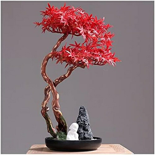 人工観葉植物 人工盆栽の木の赤いカエデの葉の白い陶磁器の小さな僧侶ロッキー小石オフィス研究のリビングルームの装飾 人工盆栽