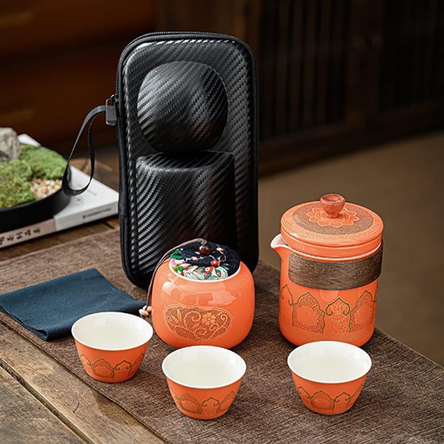 番茶器セット マルチ ティーセット 陶磁茶具セット 陶器 ティーポットティーカップ 急須 湯呑みセット 旅行 お出かけ用 収納バッグ付き 和風急須 (スタイル2 オレンジ)｜IKYUWA店