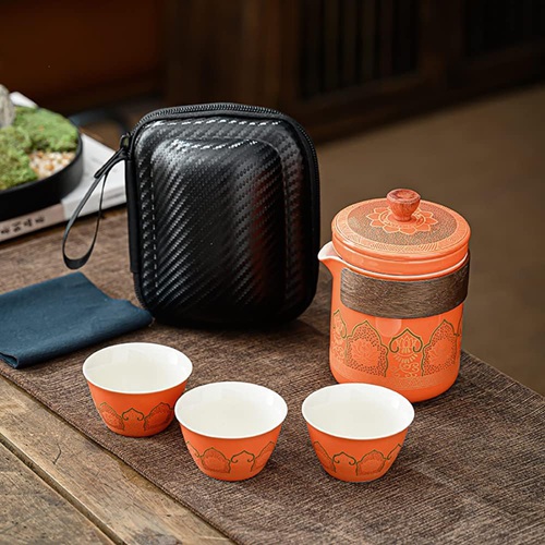 番茶器セット マルチ ティーセット 陶磁茶具セット 陶器 ティーポットティーカップ 急須 湯呑みセット 旅行 お出かけ用 収納バッグ付き 和風急須 (スタイル3 オレンジ)|IKYUWA店