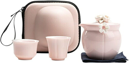 茶器セット 旅行ティーセット かわいい食器 花飾り 収納バッグ付き 陶器湯呑みセット お出かけ用 ピンク｜IKYUWA店 8,331円