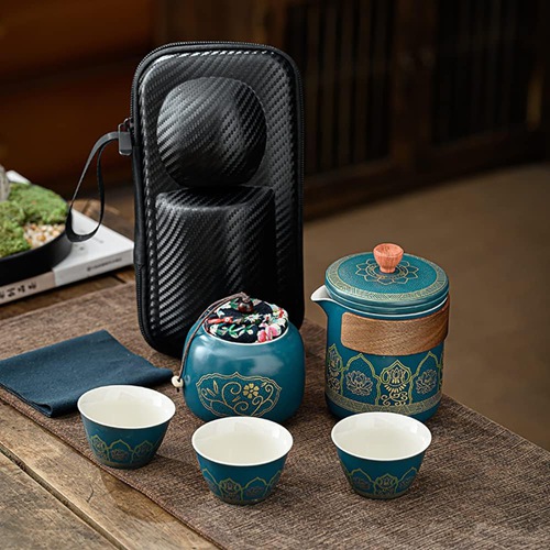 番茶器セット マルチ ティーセット 陶磁茶具セット 陶器 ティーポットティーカップ 急須 湯呑みセット 旅行 お出かけ用 収納バッグ付き 和風急須 (スタイル2 青)|IKYUWA店