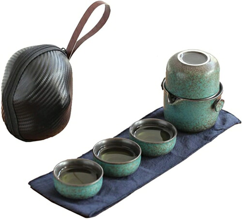湯呑み セット ティーポット 陶器 茶器セット ティーセット 旅行 お出かけ 携帯式茶器セット 収納バッグ付き日本茶/中国茶 中国茶器セット耐熱ガラス陶器 (マラカイトグリーン)｜IKYUWA店