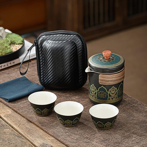 番茶器セット マルチ ティーセット 陶磁茶具セット 陶器 ティーポットティーカップ 急須 湯呑みセット 旅行 お出かけ用 収納バッグ付き 和風急須 (スタイル3 黒)|IKYUWA店
