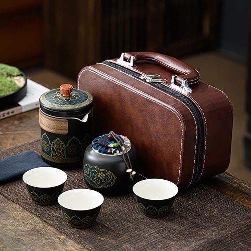 番茶器セット マルチ ティーセット 陶磁茶具セット 陶器 ティーポットティーカップ 急須 湯呑みセット 旅行 お出かけ用 収納バッグ付き 和風急須 (スタイル1 黒)|IKYUWA店