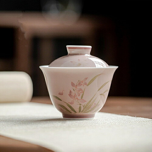中国茶器 蓋付茶碗 150ml シンビジウム 手描き 釉下彩 湯呑み ティーカップ 茶道具 手作り 茶器 茶杯 景徳鎮セラミックス 陶器 (蓋付茶碗*1 150ml)|IKYUWA店