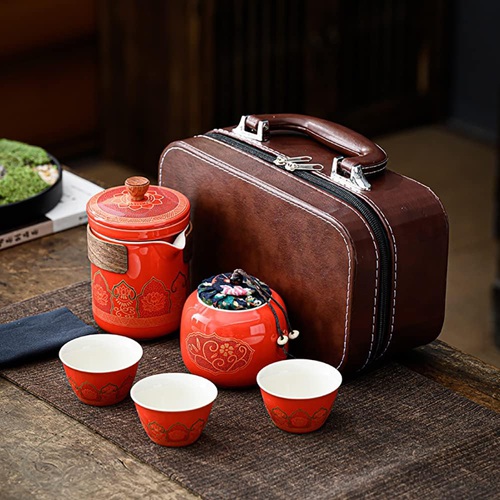 番茶器セット マルチ ティーセット 陶磁茶具セット 陶器 ティーポットティーカップ 急須 湯呑みセット 旅行 お出かけ用 収納バッグ付き 和風急須 (スタイル1 赤)｜IKYUWA店