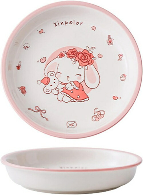 兎柄 食器セット ピンク 可愛い お皿 お碗 2個セット 子供 女性 キッズ 朝ご飯 フリル スープボウル サラダボウル プレート INS風 モダン ヨーグルトボウル 鉢 汁碗 洋食器 電子レンジ・食