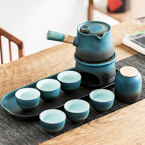 急須セット 手工製 窯変釉 陶磁器 キャンドル保温機能付き 10点セット (急須1+湯呑6+茶盤+保温台+茶葉罐) 中国式 ブルーグラデーション 茶器 ギフト向け｜IKYUWA店 14,059円