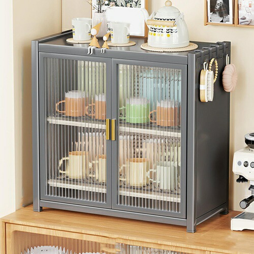 収納キャビネット 鉄製 グレー ショーケース 木製収納棚 カフェ風 カップボード 上置き 45*28*50cm 居間 カウンター上収納棚 卓上キャビネット カウンター上収納 レンジ台 アクリル扉付き