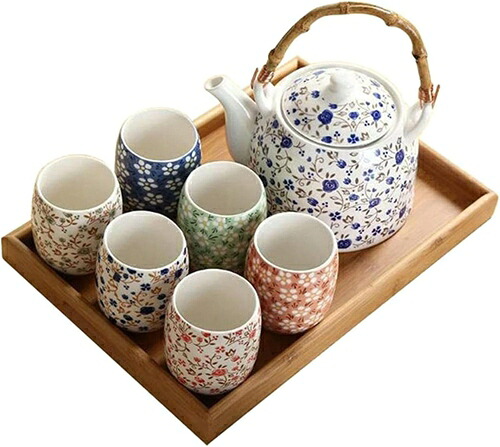 急須 湯呑み 茶托 8点セット 茶器セット ティーポット 茶器揃 花柄 和風 茶具 煎茶碗 陶磁 自宅用 プレゼント 茶道|IKYUWA店