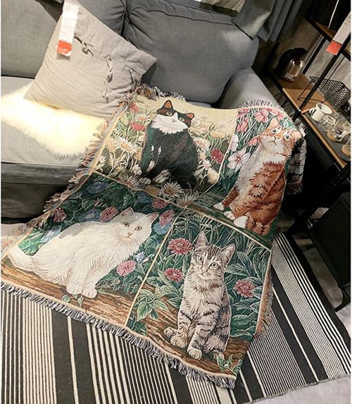 ニットブランケット マルチカバー 猫柄 油絵柄 ソファーカバー ニット 125x150cm ネコ エスニック 肩掛け 膝掛け マルチクロス 部屋飾り インテリア 可愛い 通気性 民族風 吸水速乾 春夏｜IKYUWA店