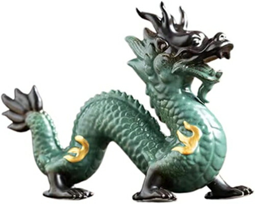 龍 干支 辰 置物 オブジェ インテリア 茶寵 茶玩 茶道 道具 磁器製 長さ20.5cm幅6.5cm高さ15cm (グリーン)