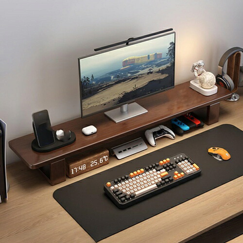 モニター台 机上台 木製 天然無垢 モニターラック ディスプレイスタンド パソコンラック 120*20cm キーボード収納 テレビ台 卓上キーボードスタンド ダックブラウン キーボードラック オフィス｜IKYUWA店