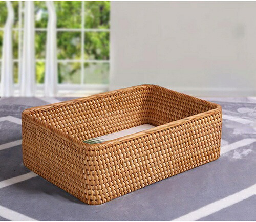 籐製バスケット 田園風 33*23*11cm 収納ボックス ハンドル付き 蓋なし 収納かご おしゃれ 藤編み フルーツバスケット 長方形 収納かご スタイル1 整理箱 ナチュラル 小物入れ キッチン収