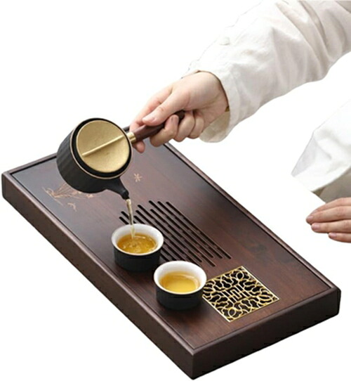 茶皿 中国茶器 中国式 茶道具 茶盆 茶台 竹製矩形 茶の葉 茶器 水抜き式茶盤 矩形 貯水式 茶盤 茶道 お茶お盆 竹製 茶器身寄り用 (M)