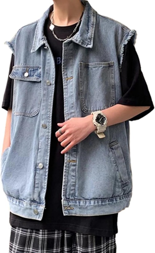 メンズ デニムジャケット チョッキ ジャン ノースリーブ 無袖 マルチポケット 春秋服 袖無しジャケット 重ね着 前開き ジージャン カジュアル ファッション 作業 原宿 着回し力 大きいサイズ