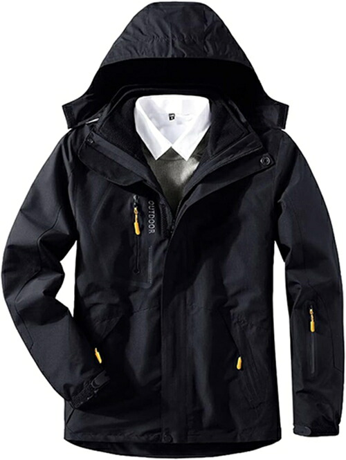 アウトドアジャケット メンズ マウンテンパーカー 防風 コート 登山服 保温 登山ジャケット 撥水性 ウインドブレーカー フード付 取り外し可能 春 秋 冬 通勤 釣り ブラック
