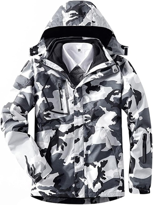 アウトドアジャケット メンズ マウンテンパーカー 防風 コート 登山服 保温 登山ジャケット 撥水性 ウインドブレーカー フード付 取り外し可能 春 秋 冬 通勤 釣り 迷彩ホワイト