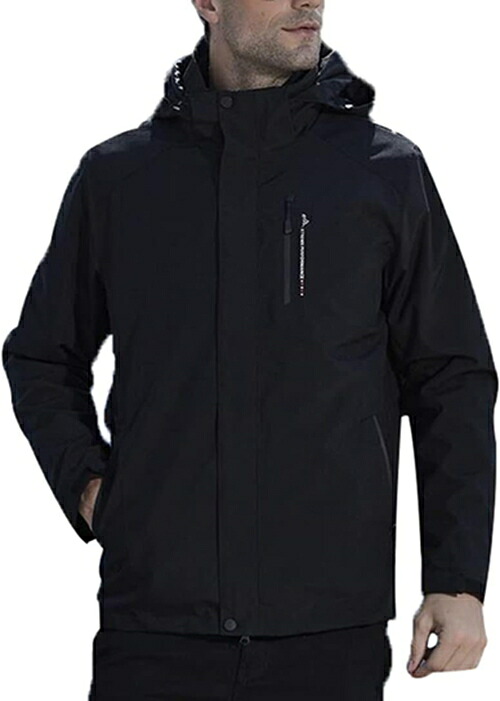 マウンテンパーカー メンズ ジャケット アウトドア ウインドブレーカー 登山服 防寒着 3in1 取り外し可能 二着セット 多機能コート フード付き 撥水 防風 保温 ブラック 5XL｜IKYUWA店