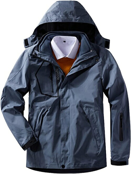 アウトドアジャケット メンズ マウンテンパーカー 防風 コート 登山服 保温 登山ジャケット 撥水性 ウインドブレーカー フード付 取り外し可能 春 秋 冬 通勤 釣り ダークブルー