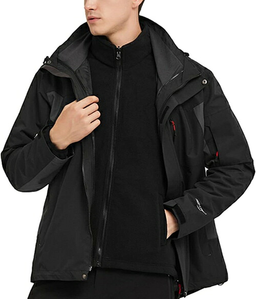 マウンテンパーカー メンズ アウトドア ジャケット 二着セット 登山服 防寒着 3in1 取り外し可能 多機能ウインドブレーカー フード付き 撥水 防風 保温