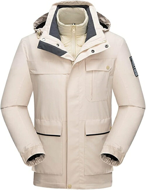 マウンテンパーカー メンズ ジャケット アウトドア ウインドブレーカー 登山服 防寒着 3in1 取り外し可能 二着セット 多機能コート フード付き 撥水 防風 保温 ホワイト M