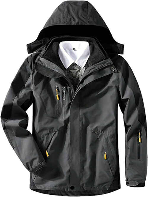 アウトドアジャケット メンズ マウンテンパーカー 防風 コート 登山服 保温 登山ジャケット 撥水性 ウインドブレーカー フード付 取り外し可能 春 秋 冬 通勤 釣り ダークグレー