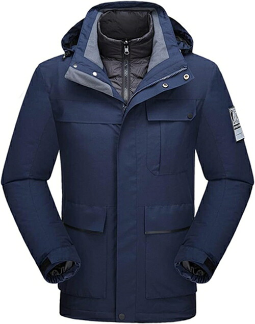 マウンテンパーカー メンズ ジャケット アウトドア ウインドブレーカー 登山服 防寒着 3in1 取り外し可能 二着セット 多機能コート フード付き 撥水 防風 保温 ネイビー 4XL