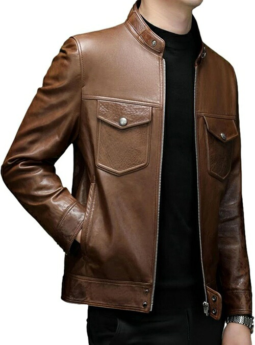 レザージャケット 本革 ラム革 ライダースジャケット メンズ バイクジャケット ハイネック ブラウン 秋冬服 ファスナー アウター ブルゾン あったか 防寒着 スタジャン 撥水 柔らかい 通勤 紳士 44,286円