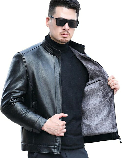 革ジャケット ラム革 ライダースジャケット メンズ バイクジャケット 本革 裏起毛 裏ボア ハイネック ジップアップ 秋着 冬服 ブルゾン 保温 防寒 スタジャン ビジネス カジュアル ブラック ブラ