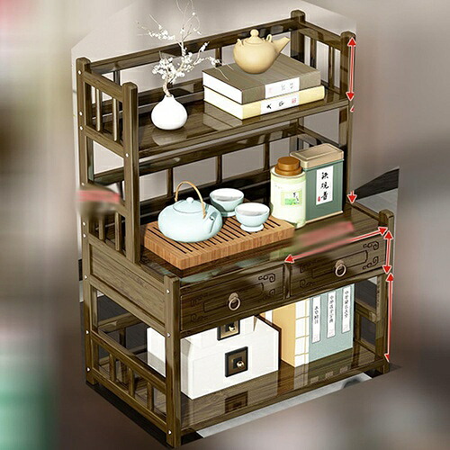 木製棚 ティーポット収納棚 引き出し付き ドア付き 卓上収納 小物収納 ティーカップホルダー 茶器収納棚 小物ボックス 茶屋 収納棚 ウッドラック ティートレー オブジェ 収納家具 茶器飾 オフィス｜IKYUWA店