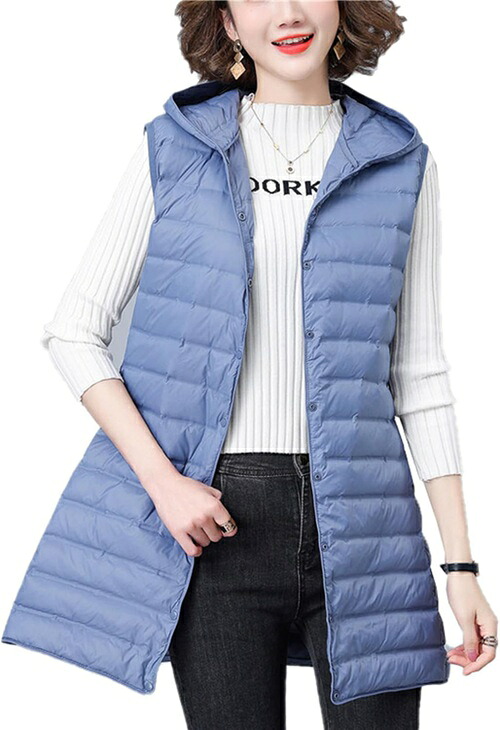 レディース ダウンベスト フード付き ミドル丈 ジャケット 袖なし コート ノースリーブ アウター 冬服 防寒着 ファッション 通勤 通学 お出かけ アウトドア 大きいサイズ 30代 40代 50代｜IKYUWA店