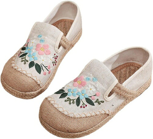 レディースシューズ 民族風 レトロ 花刺繍 ローカット スリッポン ローファー 布 靴 すりっぽん 綿麻 大きいサイズ 痛くない 歩きやすい フラットシューズ ぺたんこ ペタンコ 楽ちん おしゃれ 可