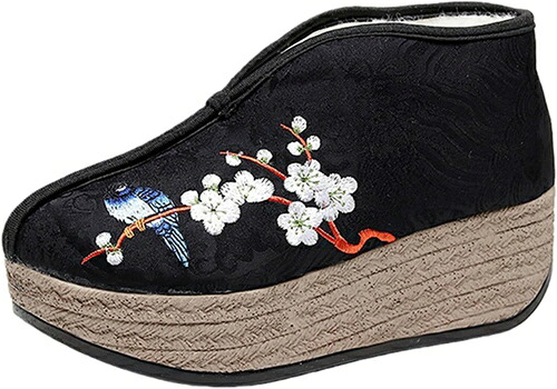 花刺繍 綿靴 ボア スリッポン 布 おしゃれ 中華風 あったか スノーシューズ ママシューズ 保温 防寒靴 カジュアル ウェッジソール 漢服コーデ