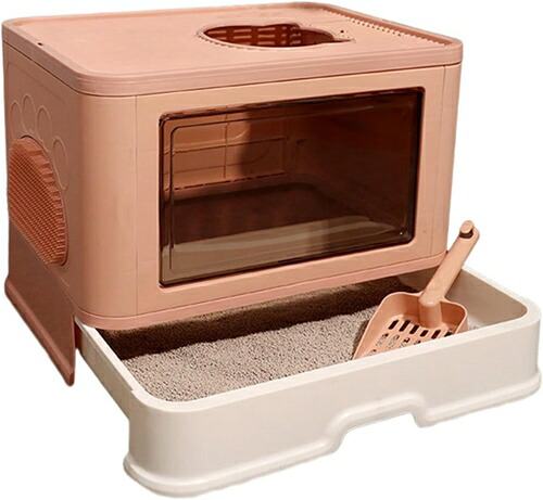 引き出し式 猫トイレ 折りたたみ式 キャットトイレ 全密閉型 大型 上から 2WAY出入り方法 蓋付き 臭い防止 飛び散らない 大型猫 子猫用 快適ワイド 掃除しやすい 猫用トイレ本体 ネコトイレ お